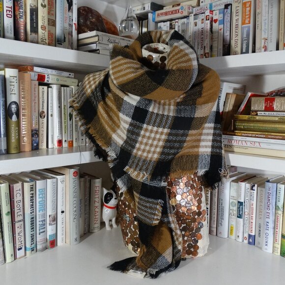 Plaid XL ModCloth Blanket Scarf - Tan/Black/White extra soft - Picture 5 of 5